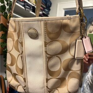 Coach Tan and Cream Crossbody Bag with Gold Accents